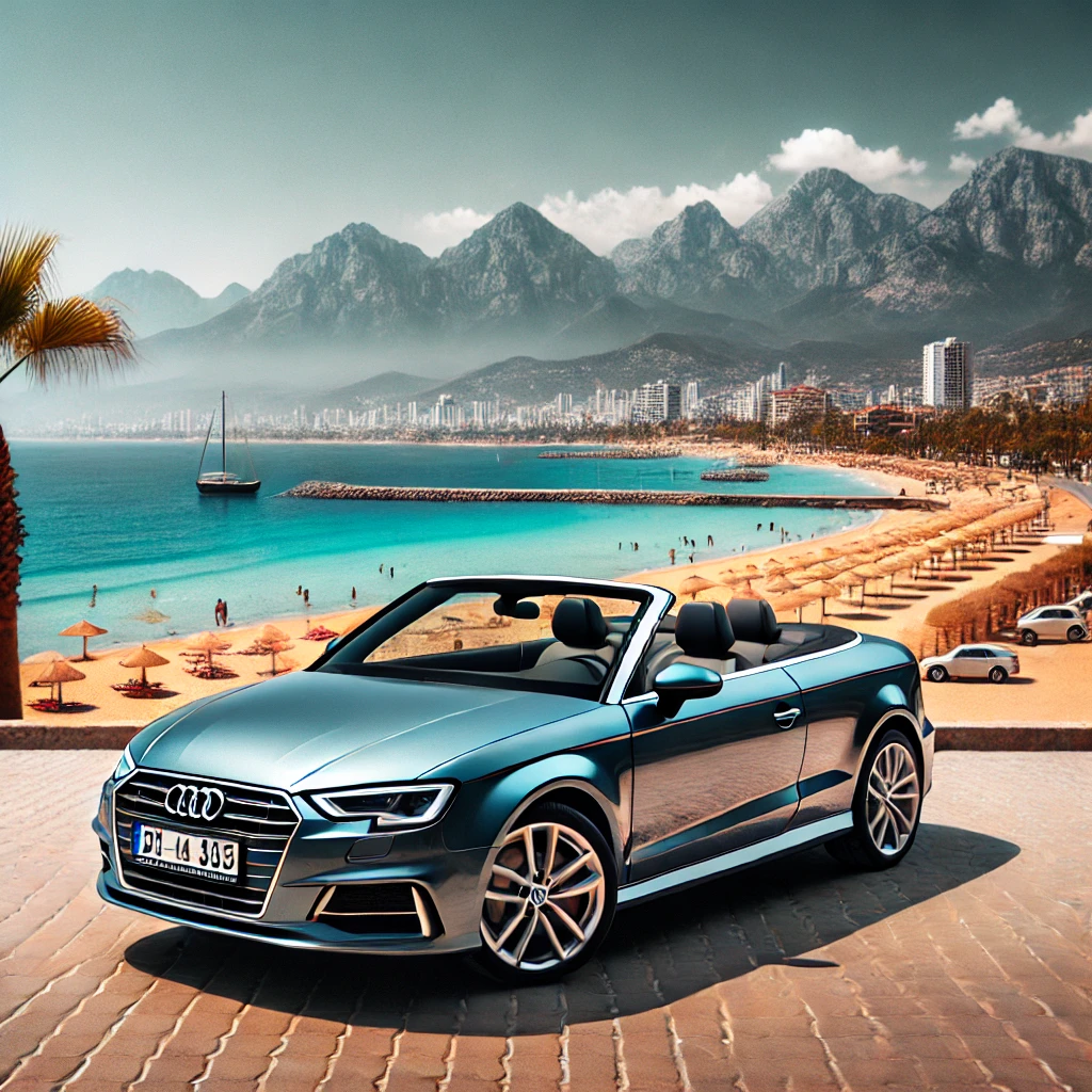 DALL·E 2025 02 13 11.04.39 A luxurious Audi A3 Cabriolet parked near the famous Konyaalti Beach in Antalya Turkey. The backdrop features the turquoise Mediterranean Sea golden