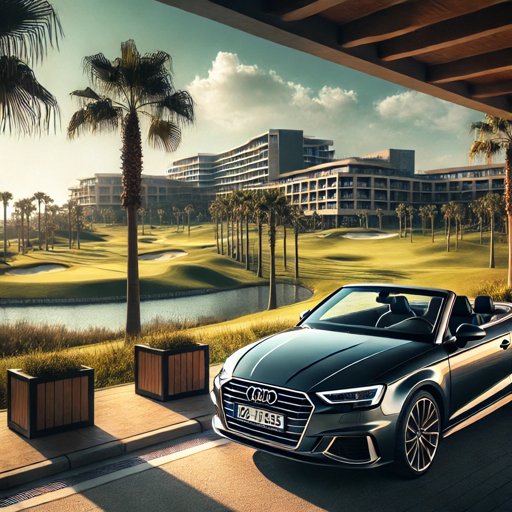 DALL·E 2025 02 13 11.04.45 A luxurious Audi A3 Cabriolet parked in Belek Antalya Turkey. The backdrop features a high end golf resort with lush green fields tall palm trees