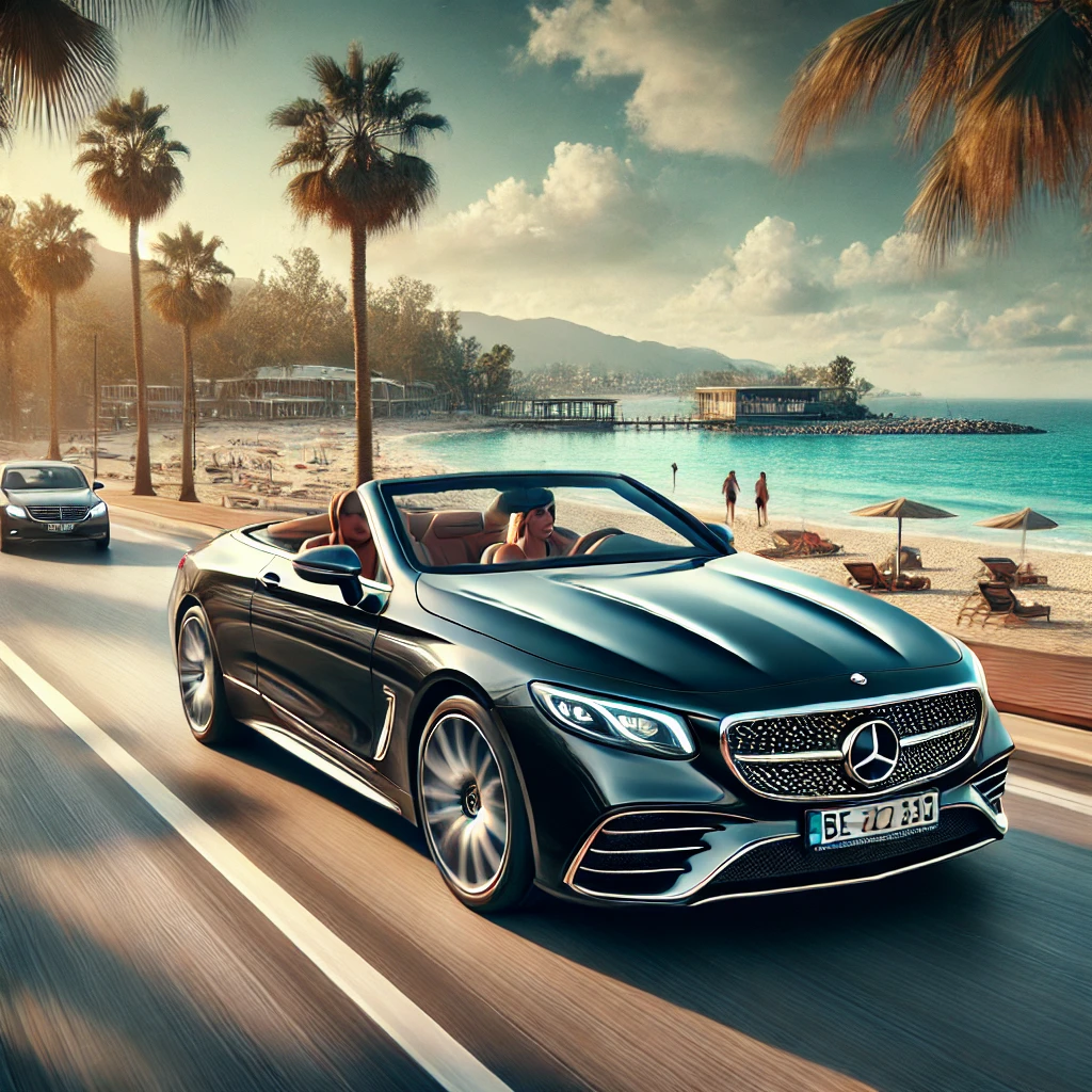 DALL·E 2025 02 13 11.24.23 A luxurious convertible car driving along the scenic coastline of Belek Turkey. The car is sleek and stylish with the top down revealing a couple e