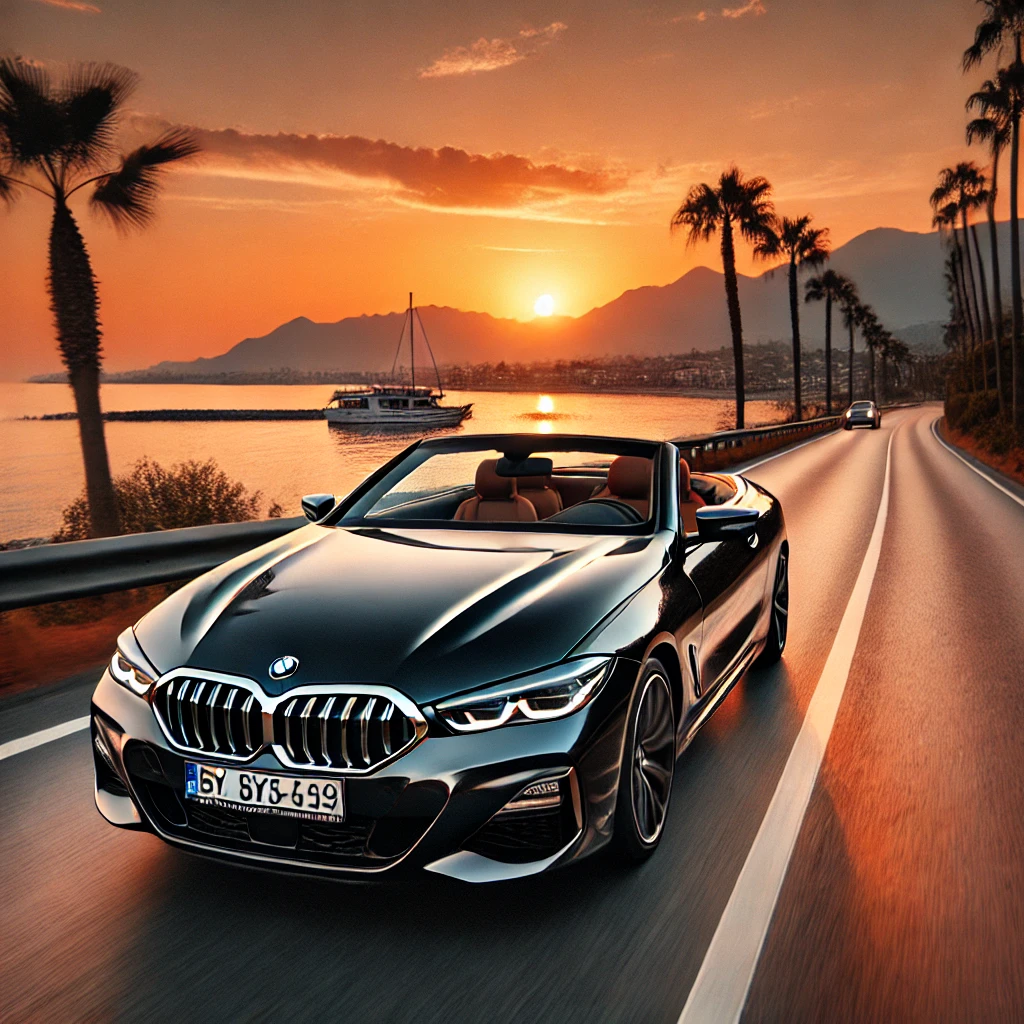 DALL·E 2025 02 13 11.37.20 A sleek BMW cabriolet driving along a scenic coastal road in Belek Turkey. The cars top is down revealing a luxurious interior. The backdrop featur