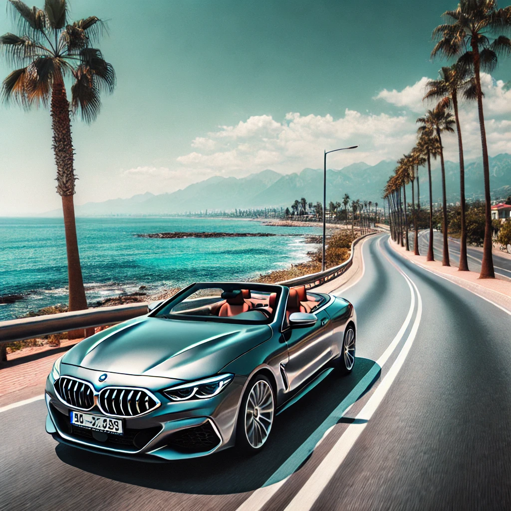 DALL·E 2025 02 18 10.27.01 A scenic view of a luxury convertible car cabriolet driving along the beautiful coastal roads of Antalya Turkey. The background showcases clear blu