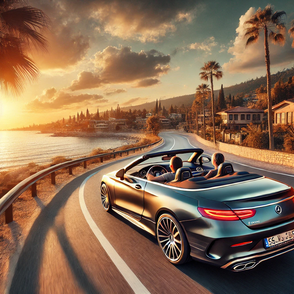 DALL·E 2025 02 20 10.27.36 A luxurious cabriolet car driving along the scenic coastline of Belek Turkey. The car has its top down and a couple is enjoying the warm Mediterrane