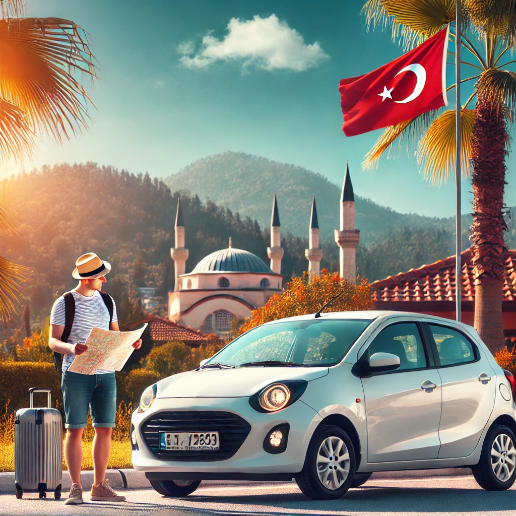 DALL·E 2025 02 20 10.32.12 A compact economy car parked in Belek Turkey with a traveler standing beside it looking at a map. The background features a beautiful Mediterranean