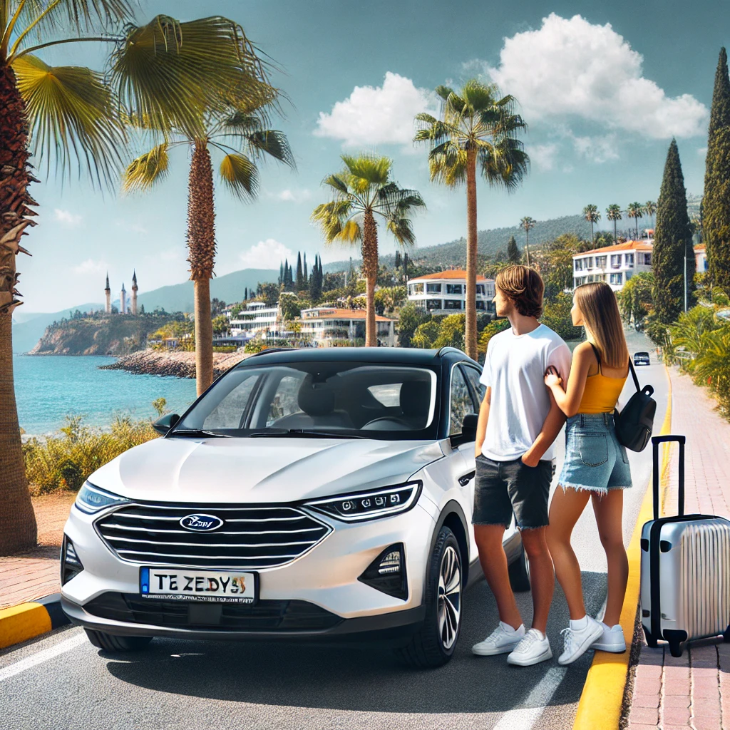 DALL·E 2025 02 20 10.37.17 A modern rental car parked in Belek Turkey with a couple standing next to it ready for a road trip. The background features a beautiful coastal roa