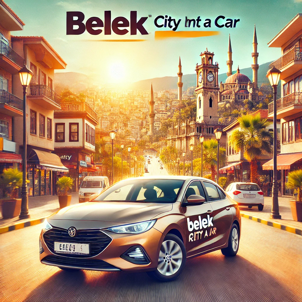 DALL·E 2025 03 12 14.00.05 A high quality promotional image for Belek City Rent A Car featuring an economical rental car driving through the vibrant streets of Antalya Turkey.