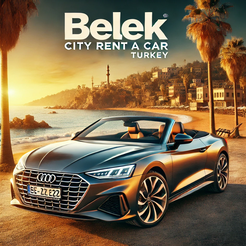 DALL·E 2025 03 12 14.00.14 A high quality promotional image for Belek City Rent A Car featuring a luxurious convertible car parked near a scenic beach in Belek Turkey. The car